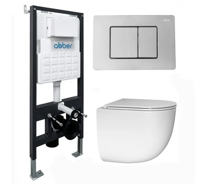 Комплект подвесной унитаз ABBER Bequem AC1132TC белый, с закрытым дном с инсталляцией AC0105 и кнопкой AC0120 хром глянцевый, Цвет кнопки: Хром глянцевый