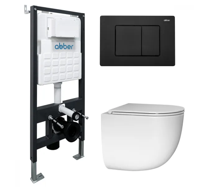 Комплект подвесной унитаз ABBER Bequem AC1132TC белый, с закрытым дном с инсталляцией AC0105 и кнопкой AC0120MB черный матовый, Цвет кнопки: Черный матовый