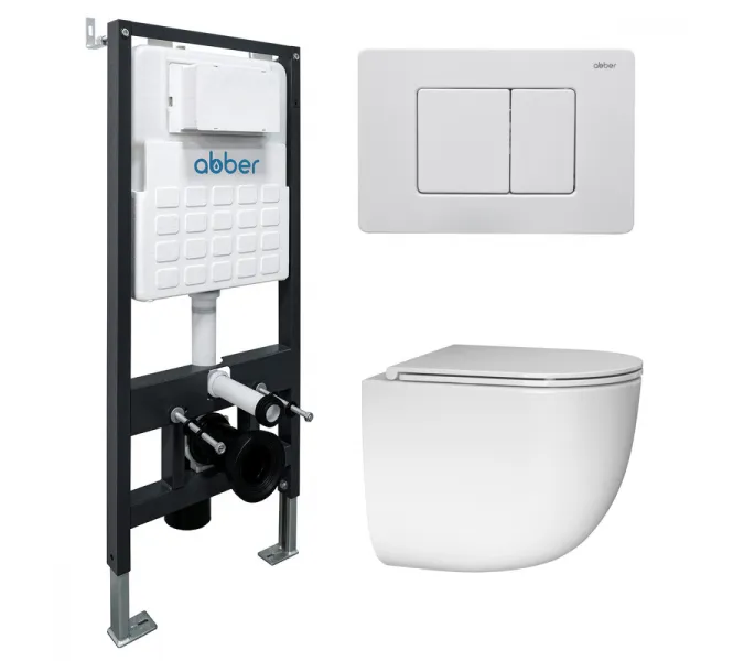 Комплект подвесной унитаз ABBER Bequem AC1132TC белый, с закрытым дном с инсталляцией AC0105 и кнопкой AC0120MW белая матовая, Цвет кнопки: Белый матовый