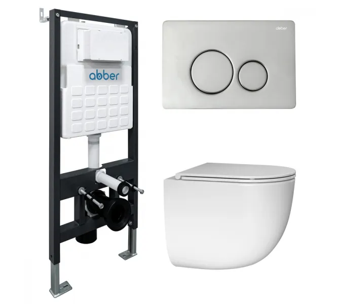 Комплект подвесной унитаз ABBER Bequem AC1132TC белый, с закрытым дном с инсталляцией AC0105 и кнопкой AC0121 хром глянцевый, Цвет кнопки: Хром глянцевый