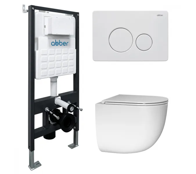 Комплект подвесной унитаз ABBER Bequem AC1132TC белый, с закрытым дном с инсталляцией AC0105 и кнопкой AC0121MW белая матовая, Цвет кнопки: Белый матовый