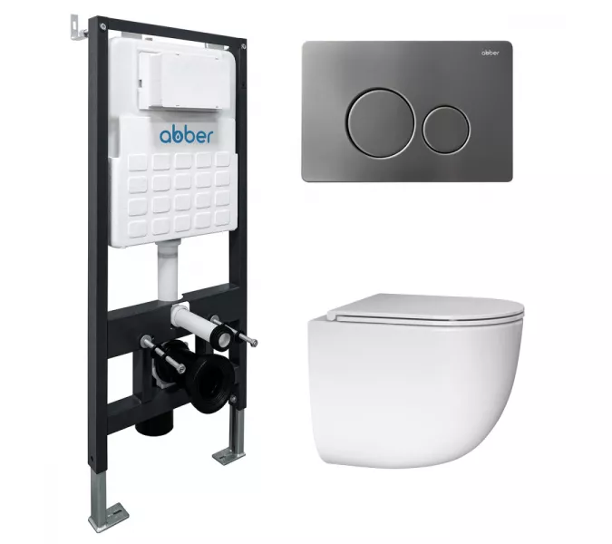 Комплект подвесной унитаз ABBER Bequem AC1132TC белый, с закрытым дном с инсталляцией AC0105 и кнопкой AC0121NG никель, Цвет кнопки: Никель