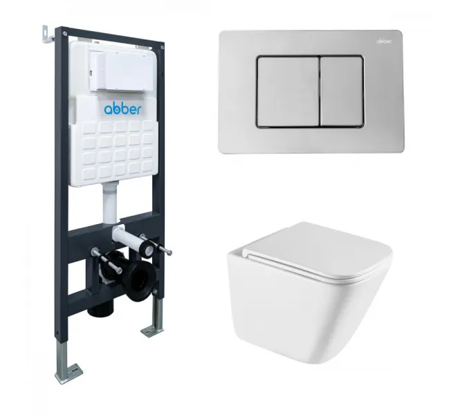 Комплект подвесной унитаз ABBER Rechteck AC1219TC белый, с закрытым дном с инсталляцией AC0105 и кнопкой AC0120 хром глянцевый, Цвет кнопки: Хром глянцевый