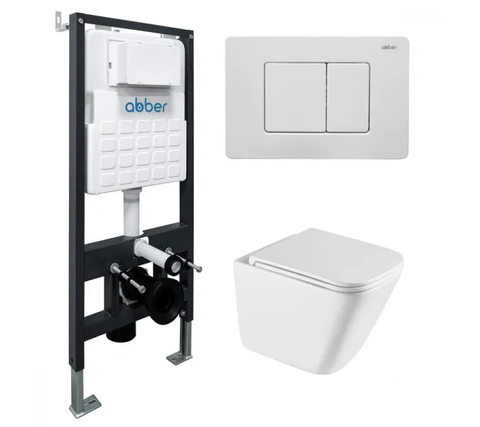Комплект подвесной унитаз ABBER Rechteck AC1219TC белый, с закрытым дном с инсталляцией AC0105 и кнопкой AC0120MW белая матовая, Цвет кнопки: Белый матовый