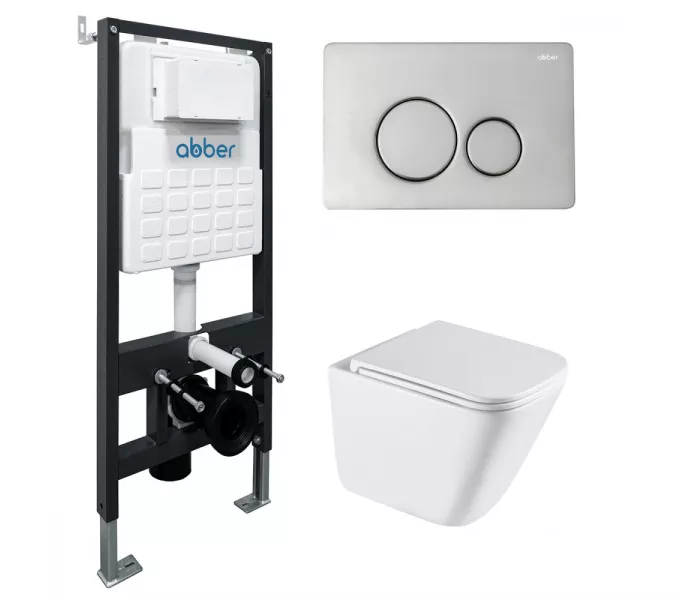 Комплект подвесной унитаз ABBER Rechteck AC1219TC белый, с закрытым дном с инсталляцией AC0105 и кнопкой AC0121 хром глянцевый, Цвет кнопки: Хром глянцевый