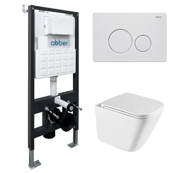 Комплект подвесной унитаз ABBER Rechteck AC1219TC белый, с закрытым дном с инсталляцией AC0105 и кнопкой AC0121MW белая матовая, Цвет кнопки: Белый матовый
