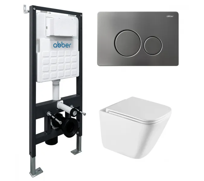 Комплект подвесной унитаз ABBER Rechteck AC1219TC белый, с закрытым дном с инсталляцией AC0105 и кнопкой AC0121NG никель, Цвет кнопки: Никель