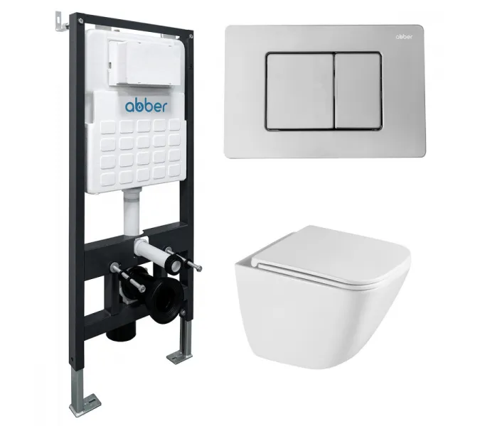 Комплект подвесной унитаз ABBER Rechteck AC1220TC белый, с закрытым дном с инсталляцией AC0105 и кнопкой AC0120 хром глянцевый, Цвет кнопки: Хром глянцевый