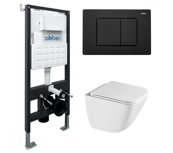 Комплект подвесной унитаз ABBER Rechteck AC1220TC белый, с закрытым дном с инсталляцией AC0105 и кнопкой AC0120MB черный матовый, Цвет кнопки: Черный матовый