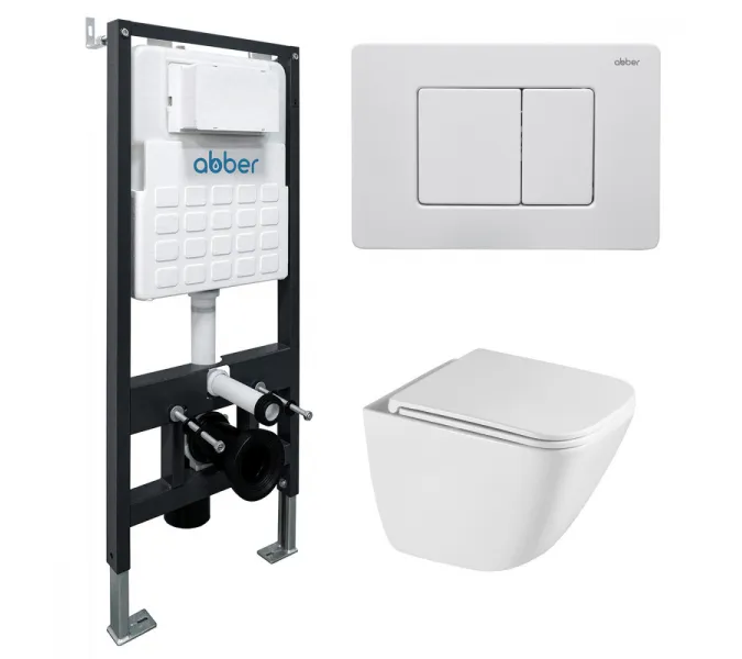 Комплект подвесной унитаз ABBER Rechteck AC1220TC белый, с закрытым дном с инсталляцией AC0105 и кнопкой AC0120MW белая матовая, Цвет кнопки: Белый матовый