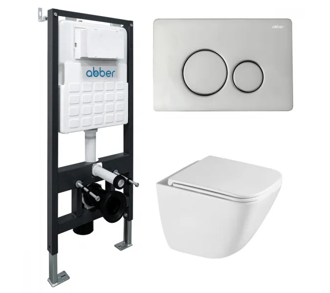 Комплект подвесной унитаз ABBER Rechteck AC1220TC белый, с закрытым дном с инсталляцией AC0105 и кнопкой AC0121 хром глянцевый, Цвет кнопки: Хром глянцевый
