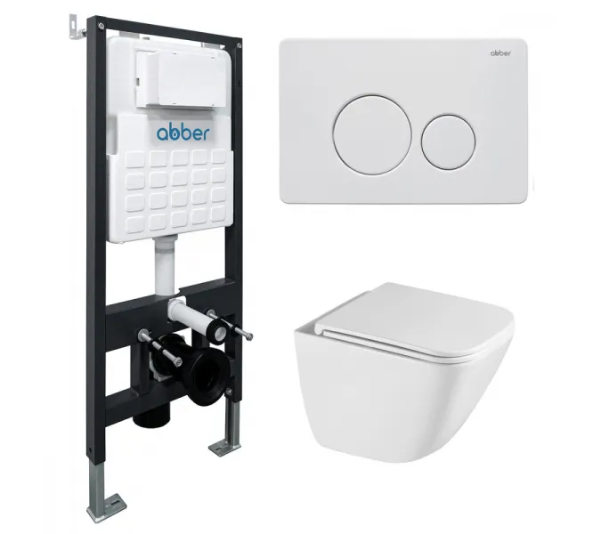 Комплект подвесной унитаз ABBER Rechteck AC1220TC белый, с закрытым дном с инсталляцией AC0105 и кнопкой AC0121MW белая матовая, Цвет кнопки: Белый матовый