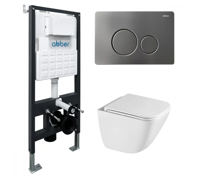 Комплект подвесной унитаз ABBER Rechteck AC1220TC белый, с закрытым дном с инсталляцией AC0105 и кнопкой AC0121NG никель, Цвет кнопки: Никель