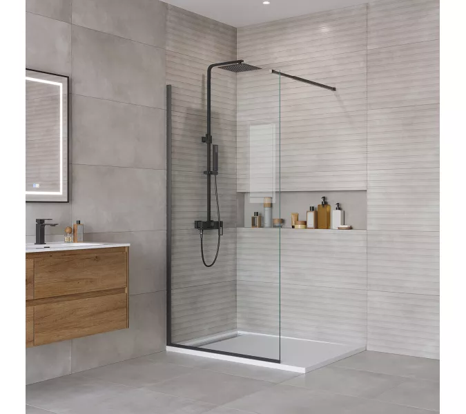 Душевая перегородка BelBagno KRAFT-L-1/C-NERO, Цвет стекла: прозрачное, Цвет профиля: Черный, Выбрать размер: 100