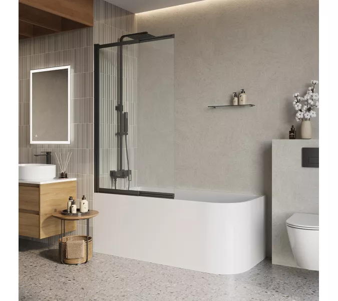 Душевая шторка на ванну BelBagno LUCE-VF-11/-C-NERO, Цвет стекла: прозрачное, Цвет профиля: Черный, Выбрать размер: 100