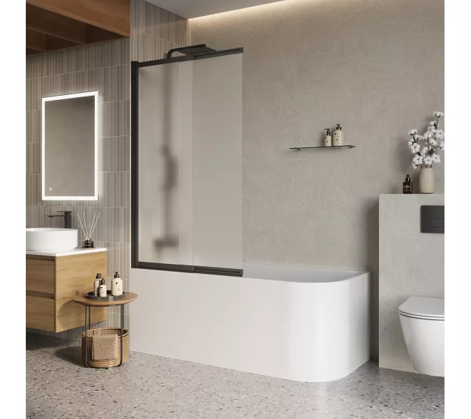 Душевая шторка на ванну BelBagno LUCE-VF-11-90/145-P-NERO рифленое, Цвет стекла: рифленое, Цвет профиля: Черный, Выбрать размер: 90