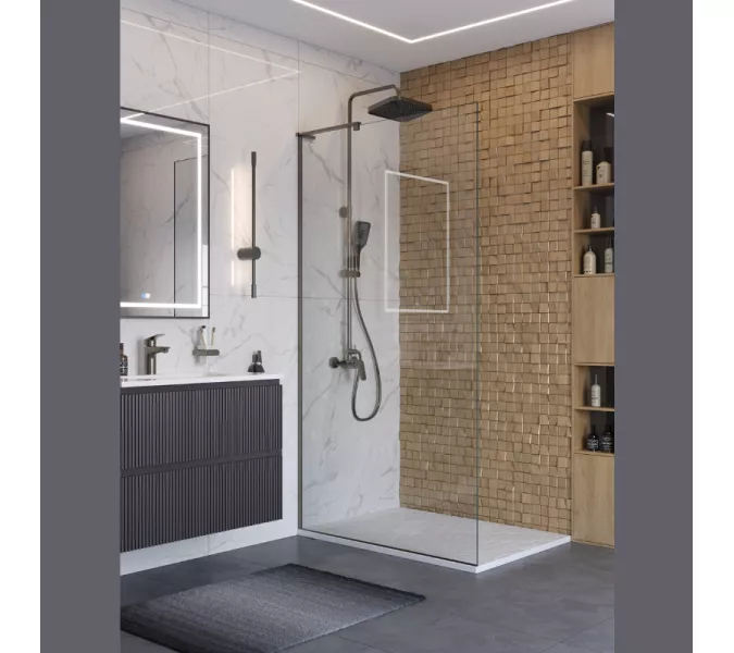 Душевая перегородка BelBagno UNO-L-1-TB/-C-GM прозр/оруж.сталь, Цвет стекла: прозрачное, Цвет профиля: Серый, Цвет профиля (вариация): Оружейная сталь, Выбрать размер: 100