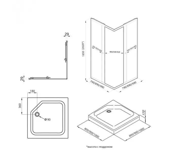 Душевое ограждение Triton "ВЕНТА-ГРАФИТ" , низкий поддон, Цвет стекла: прозрачное, Цвет профиля: Серый, Выбрать размер: 90х90, изображение 9