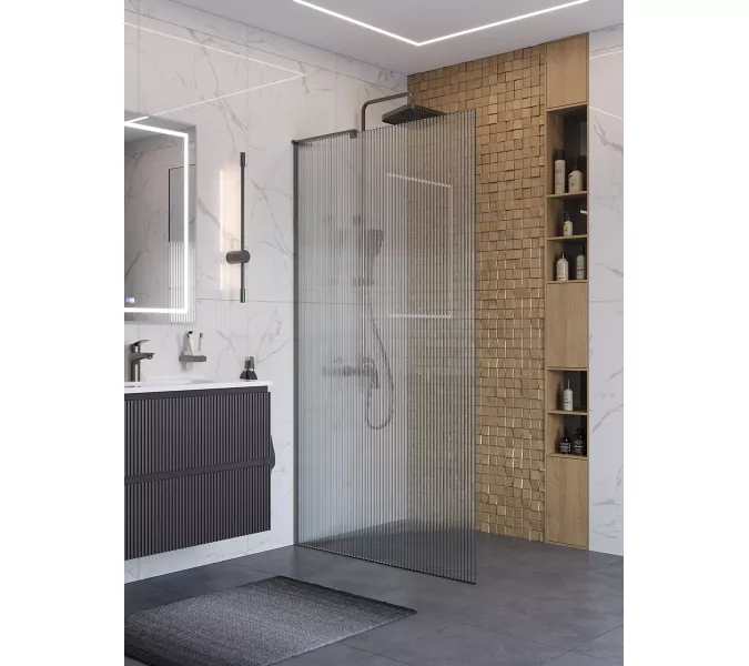 Душевая перегородка BelBagno UNO-L-1-TB-90/100-FL-GM рифленое/оруж.сталь, Цвет стекла: рифленое, Цвет профиля: Серый, Цвет профиля (вариация): Оружейная сталь, Выбрать размер: 100, изображение 4