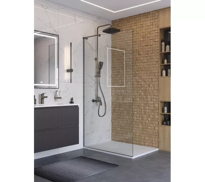 Душевая перегородка BelBagno UNO-L-1-TB/-C-GM прозр/оруж.сталь, Цвет стекла: прозрачное, Цвет профиля: Серый, Цвет профиля (вариация): Оружейная сталь, Выбрать размер: 100, изображение 3