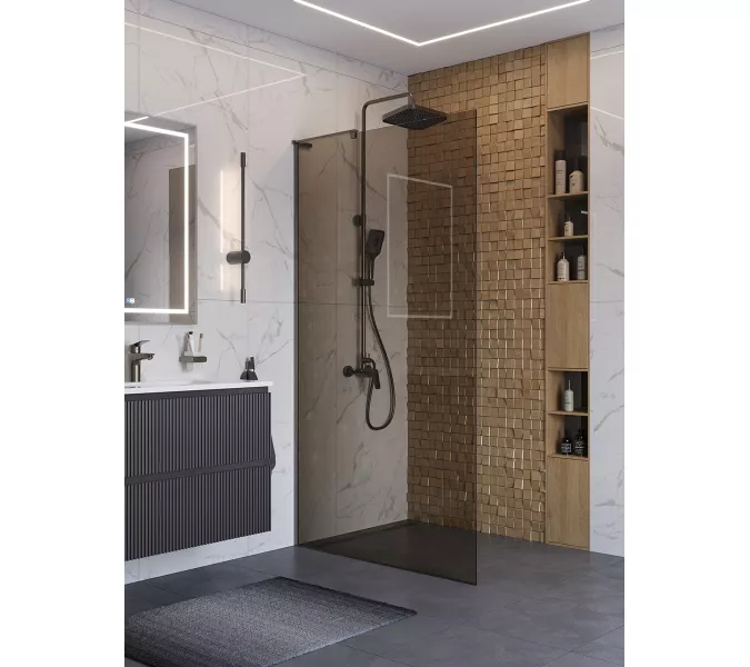 Душевая перегородка BelBagno UNO-L-1-TB-90/100-BR-GM тонир.бронза/оруж.сталь, Цвет стекла: бронза, Цвет профиля: Серый, Цвет профиля (вариация): Оружейная сталь, Выбрать размер: 100, изображение 3