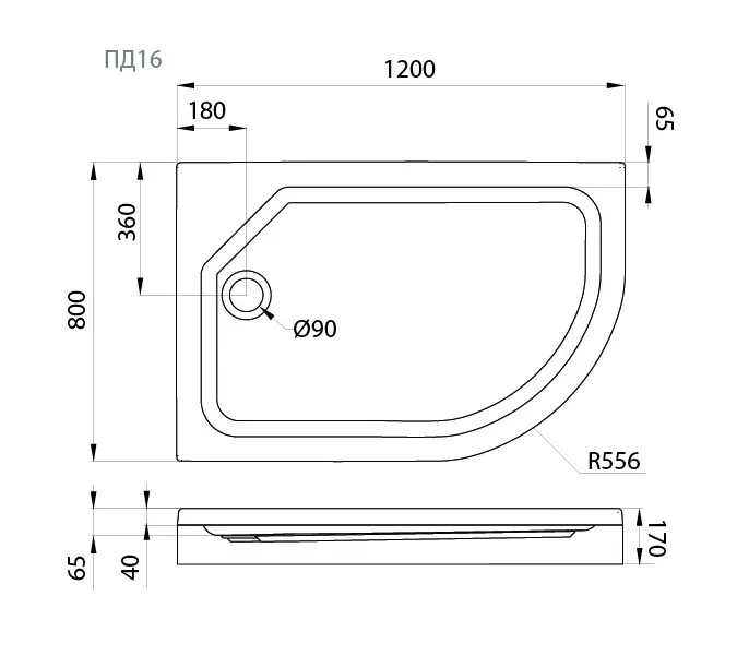 Поддон душевой Triton ПД16/ПД17  120х80 асимметричный  L/R низкий, Тип поддона: Низкий, Выбрать размер: 120х80, Ориентация: левый, изображение 2