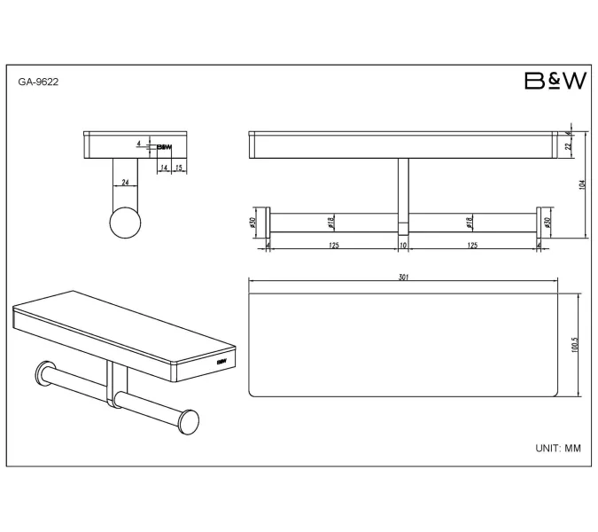 Полка и двойной держатель для туалетной бумаги Black & White GA-9622GM, Выбрать цвет: Оружейная сталь, изображение 3