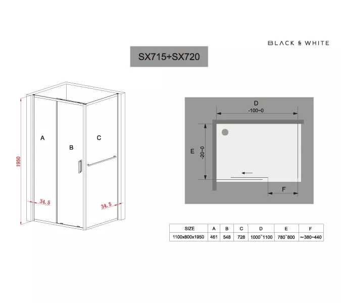 Душевое ограждение Black&White SX715+SX720, Цвет профиля: Хром, Выбрать размер: 100х80, изображение 10