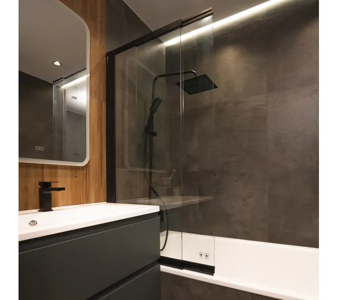 Стеклянная шторка  WasserKRAFT Dill, Цвет стекла: прозрачное, Цвет профиля: Черный, Выбрать размер: 100, Внешний вид: без фиксатора, изображение 14