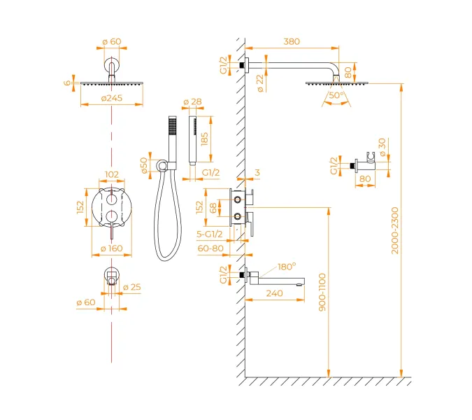 Душевая система встраиваемая RGW SP-55B, Выбрать цвет: Черный, изображение 12