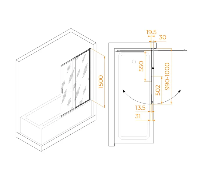 Шторка на ванну RGW SC-40, Цвет стекла: прозрачное, Цвет профиля: Хром, Выбрать размер: 100, изображение 14