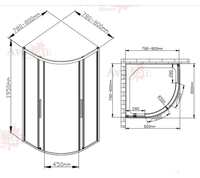 Душевой уголок AvaCan HC 80/90/100/120 MT, Цвет стекла: матовое, Цвет профиля: Хром, Выбрать размер: 80х80, изображение 46