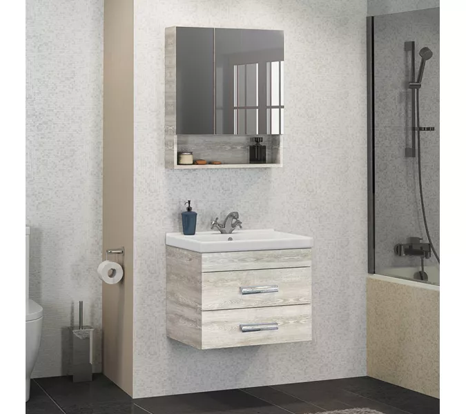 Тумба-умывальник Comforty  Никосия, Выбрать размер: 60, Тип: Тумба подвесная, Выбрать цвет: Дуб белый, Комплектация: раковина Fest 60 F01, изображение 3