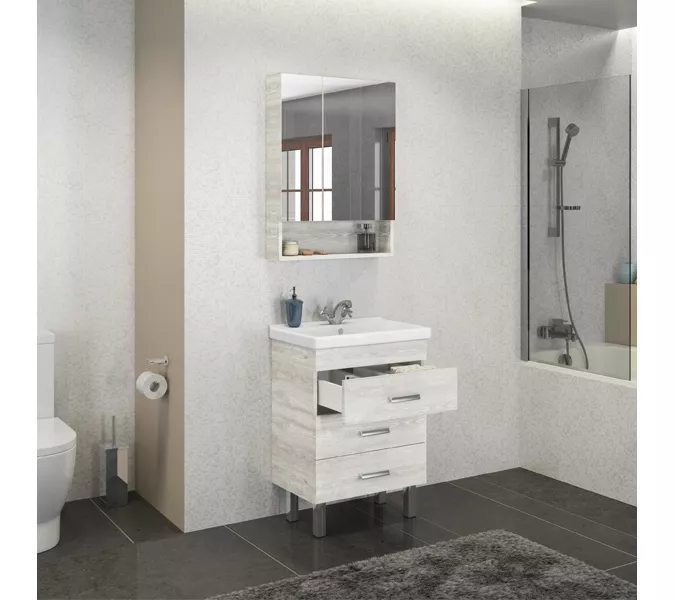 Тумба-умывальник Comforty  Никосия, Выбрать размер: 60, Тип: Тумба напольная, Выбрать цвет: Дуб белый, Комплектация: раковина Fest 60 F01, изображение 3