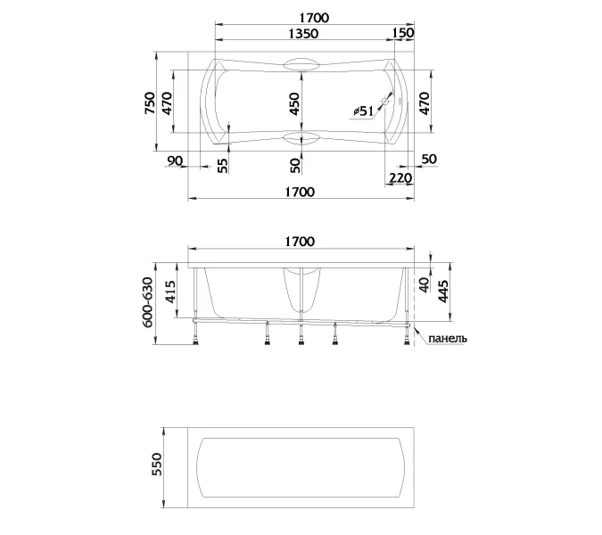 Ванна акриловая  1Marka AGORA 170x75, изображение 7